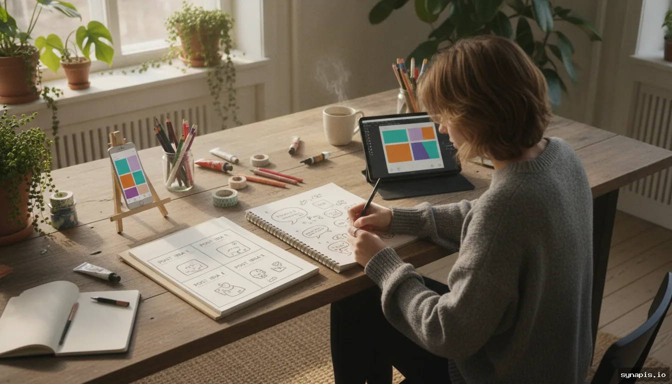 A creative workspace with a designer sketching out social media post ideas on notepads beside a smartphone and digital tablet.