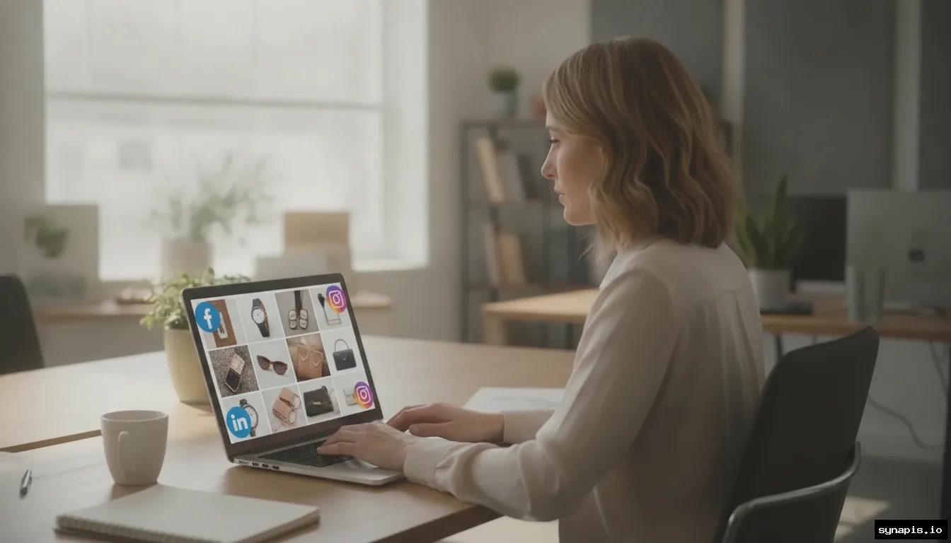 A marketer scheduling product posts on a laptop with social media platforms visible