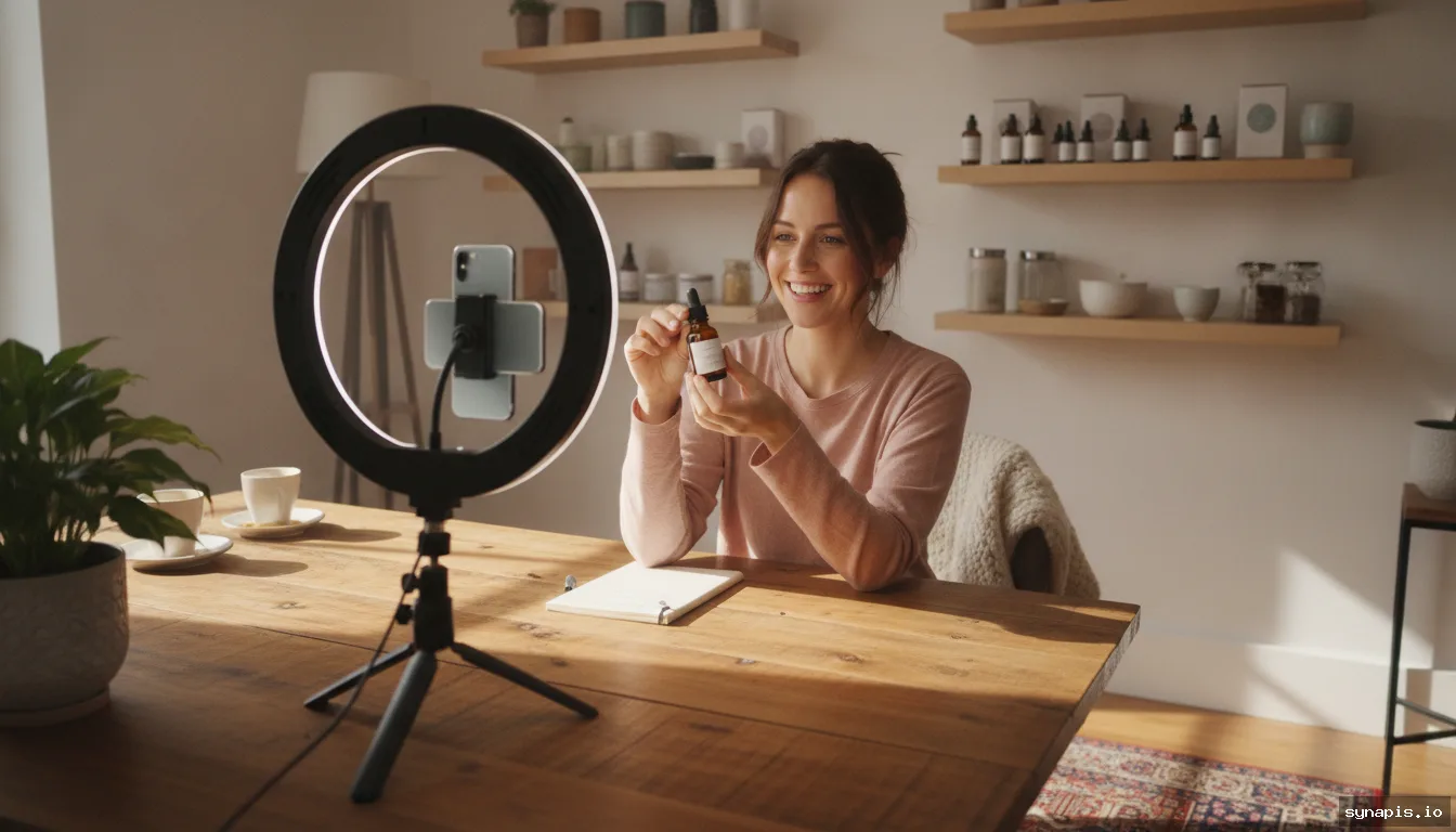 A small business owner filming an Instagram how-to video with professional lighting and camera setup