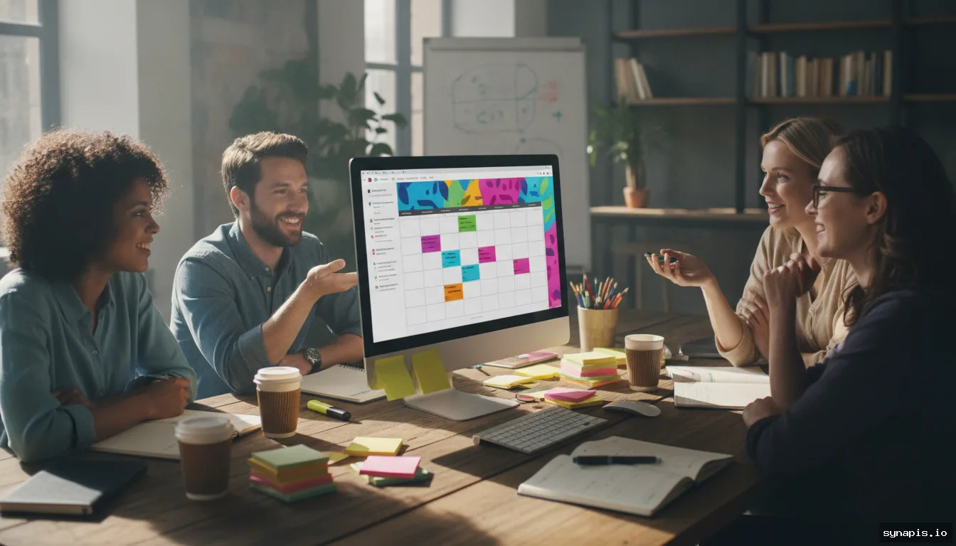 A team collaborating around a computer screen displaying a colorful digital social media calendar template.