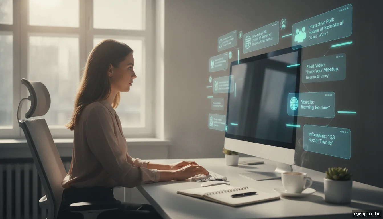 AI suggesting social media content ideas to a marketer at a computer