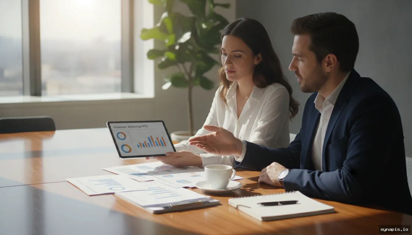 Analyzing influencer marketing KPIs on a tablet while discussing results in a team meeting