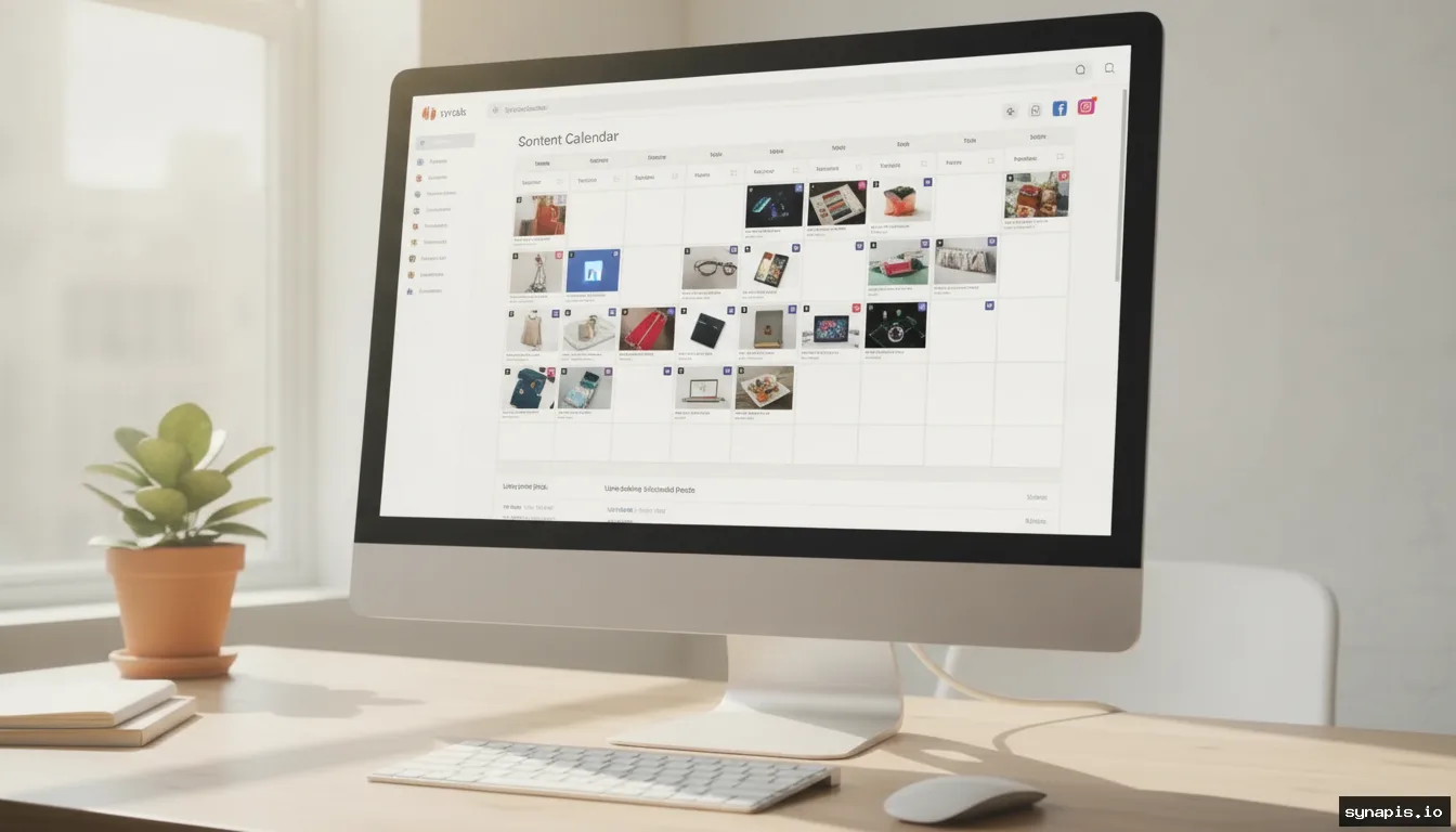 Automated social media scheduling calendar with product posts queued on multiple platforms