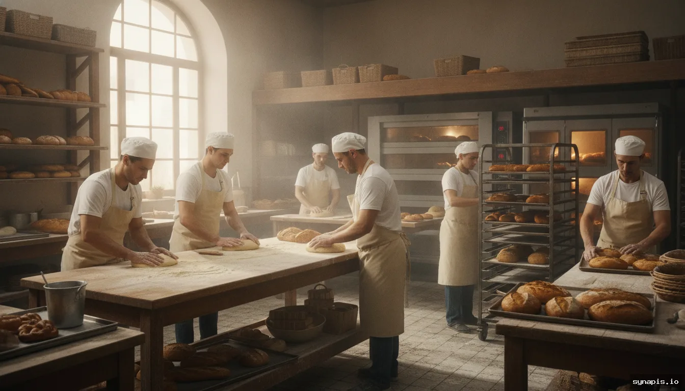 Bakery team preparing bread and pastries in a bustling kitchen for behind-the-scenes social media content