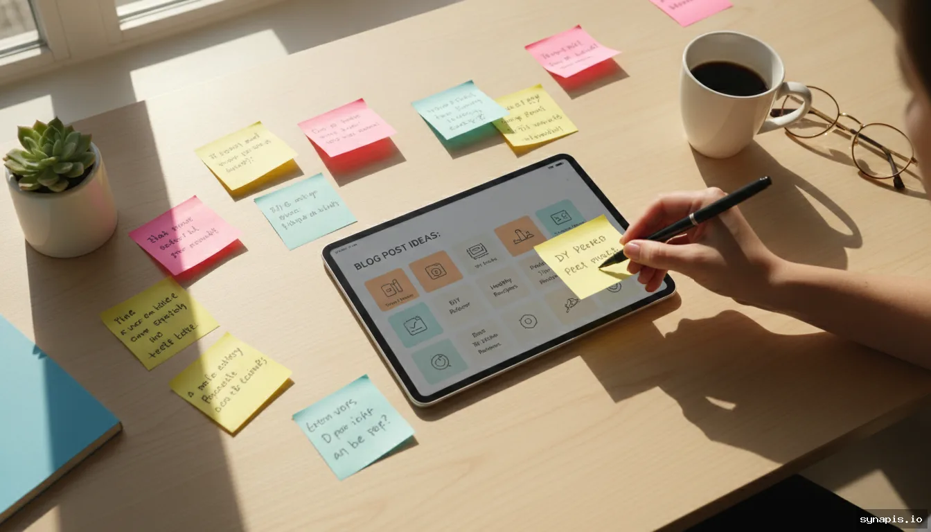 Brainstorming social media post ideas on sticky notes and a tablet
