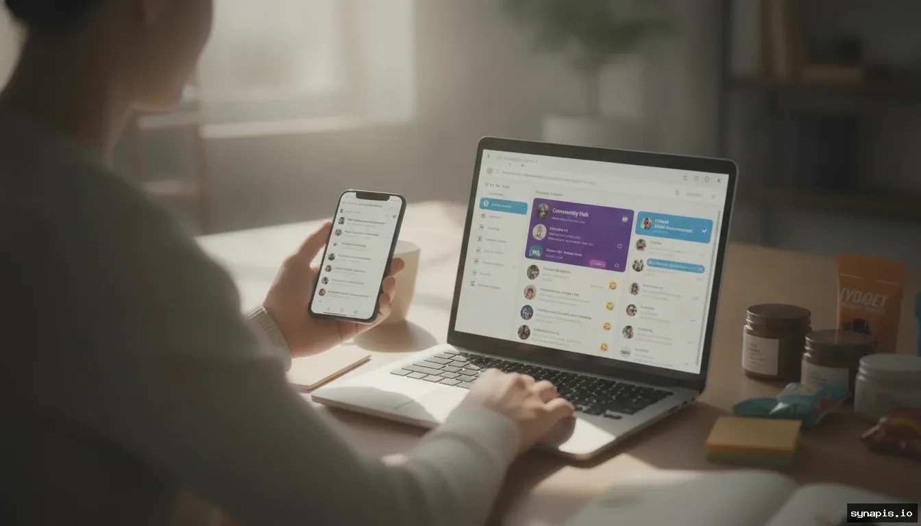 Brand community manager overseeing multiple Telegram and WhatsApp groups on laptop and smartphone