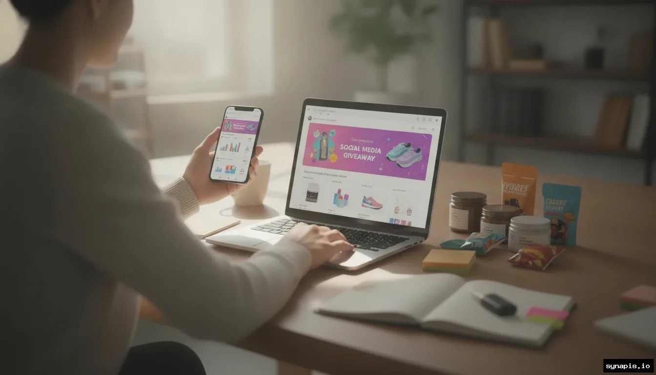 Brand manager planning a social media giveaway campaign at a desk with laptop and phone