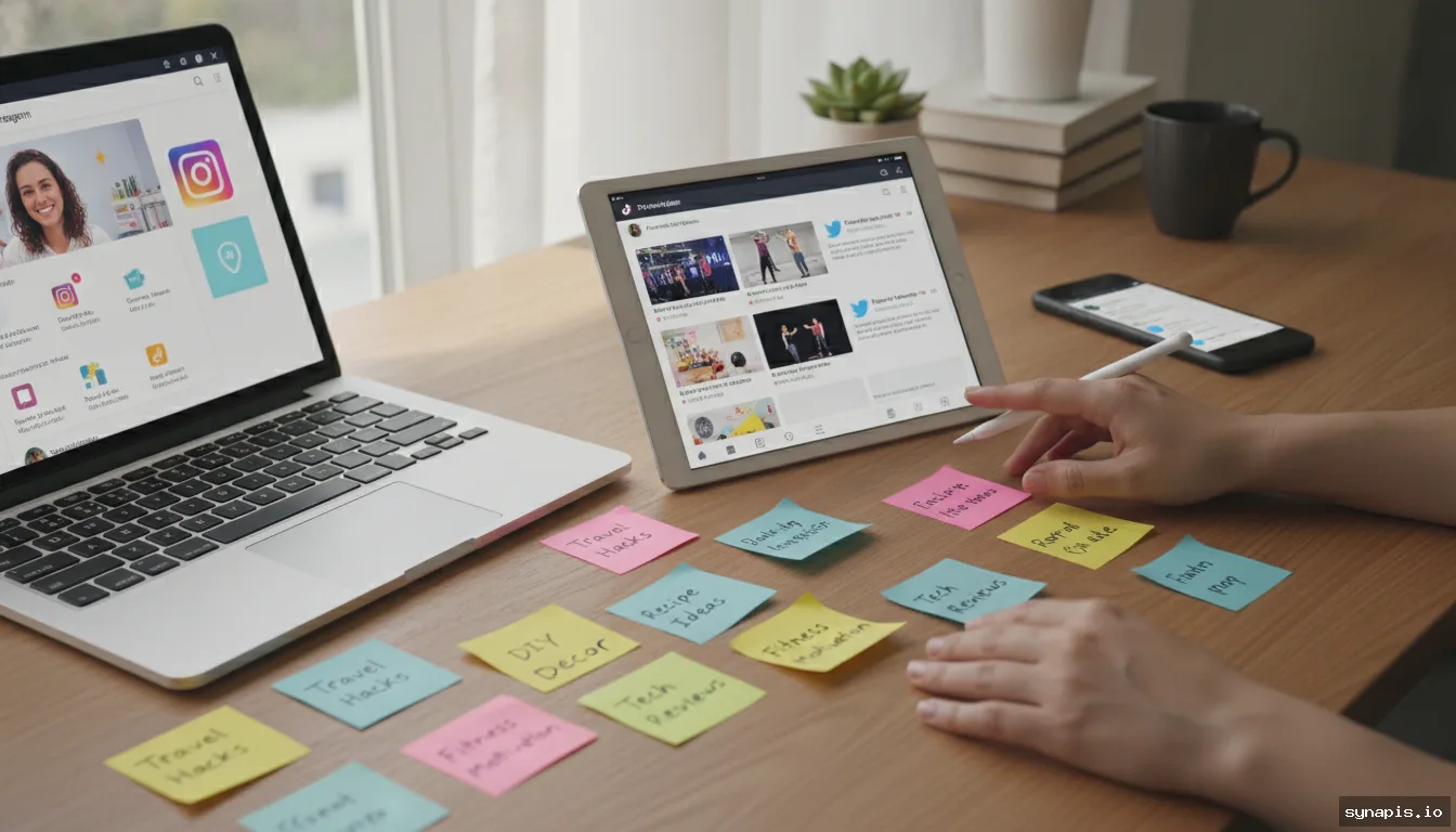 Breaking down a blog post into multiple social media formats on a desk with digital devices