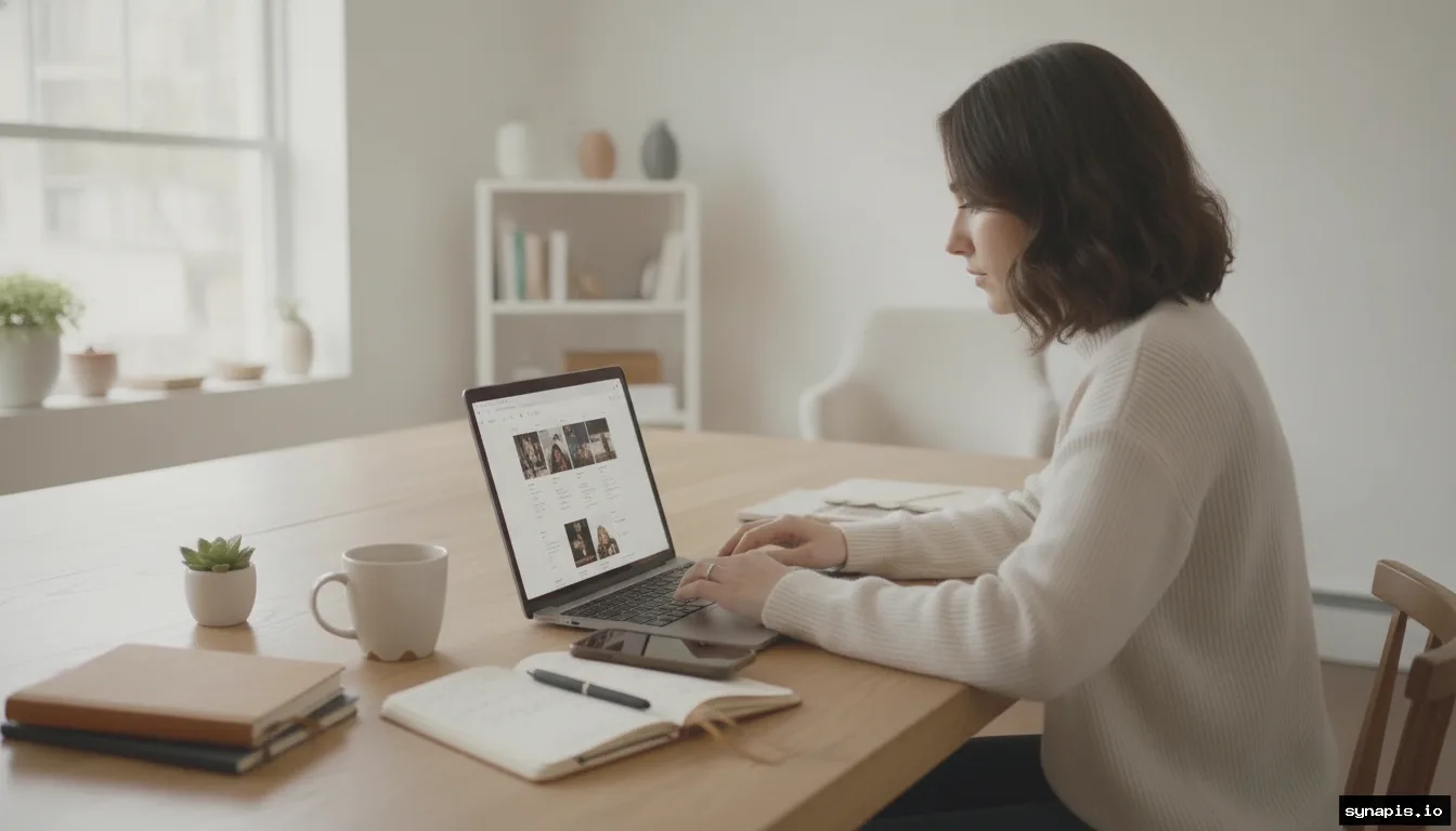 Business owner planning creative Instagram posts on a laptop in a bright workspace