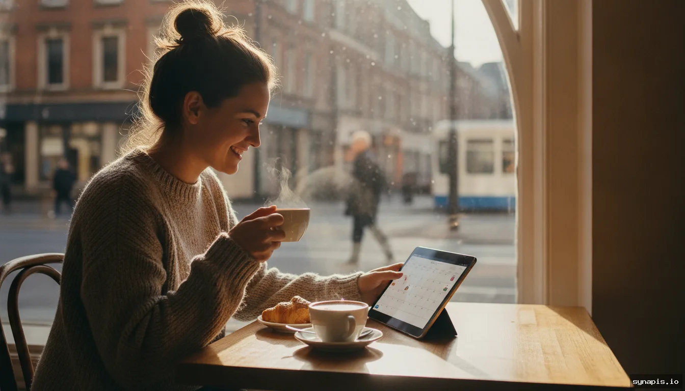 Business owner scheduling social media posts on a tablet with coffee in hand