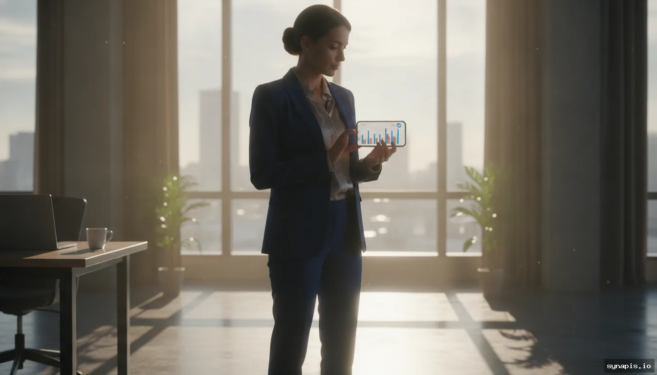business professional reviewing LinkedIn analytics on smartphone in morning light