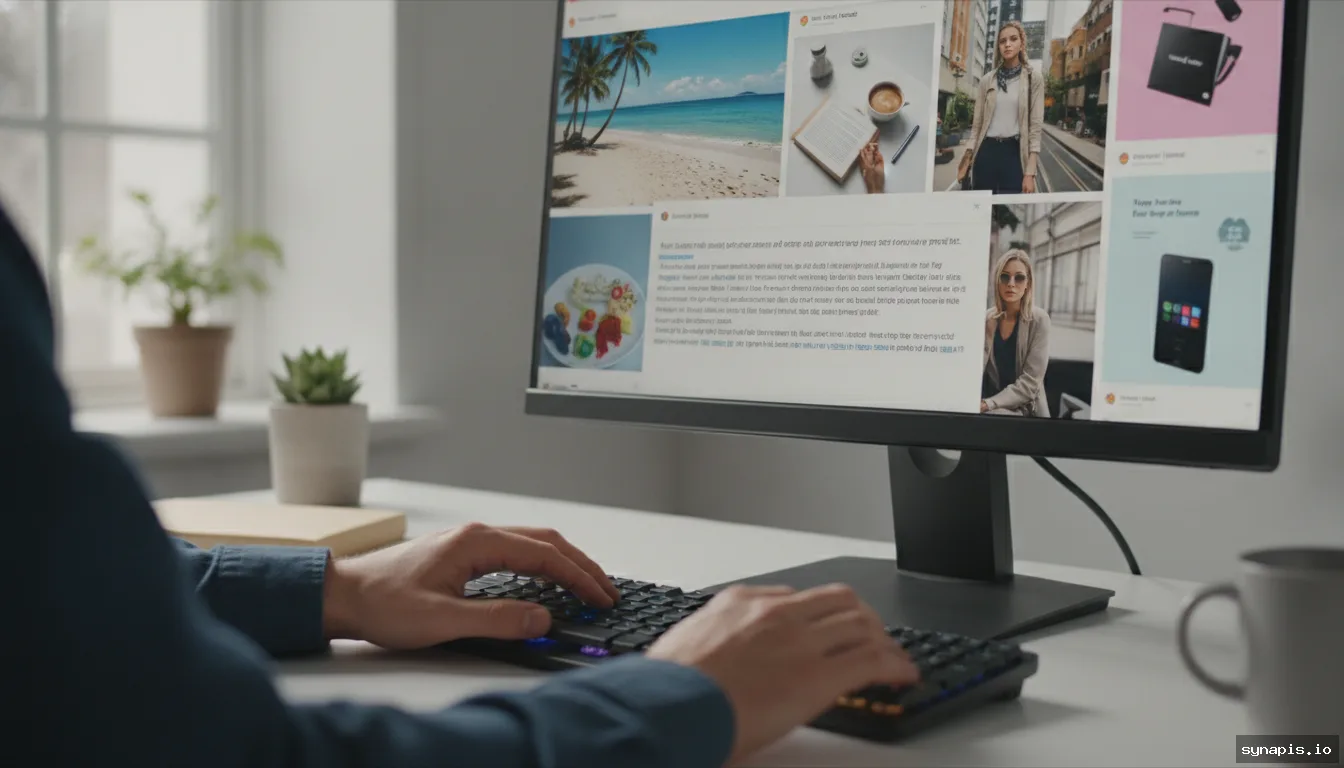 Close-up of a marketer entering a detailed AI prompt for social media captions on a computer screen