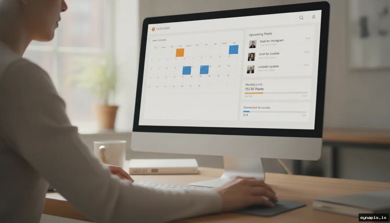 Close-up of a person scheduling social media posts using a free automation tool on a desktop computer, with simple interface and limited features visible
