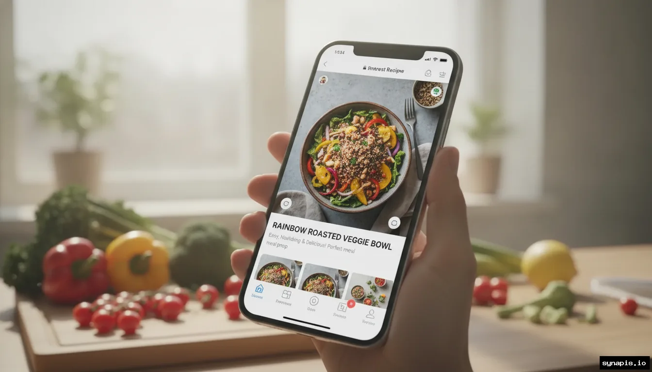 Close-up of a phone displaying a Pinterest pin of a healthy recipe with keyword-rich description.
