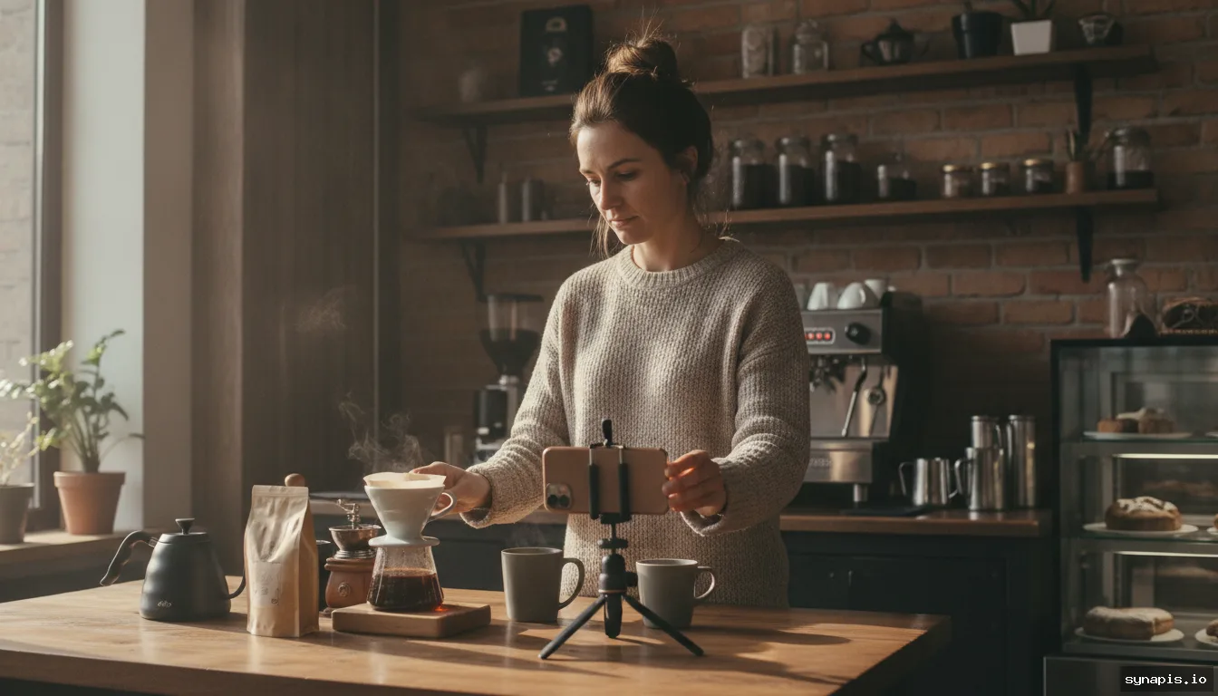 Coffee shop owner filming a short how-to video for social media using a smartphone tripod