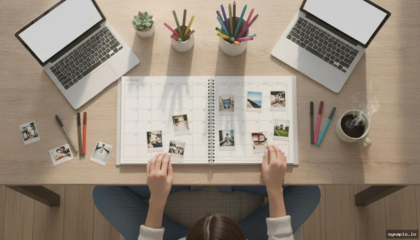 Content creator organizing a weekly Instagram post plan using printed photos and a calendar