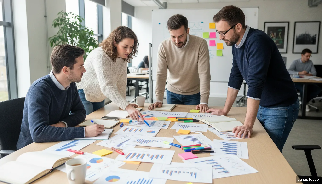 Creative team brainstorming using printed social media reports and charts