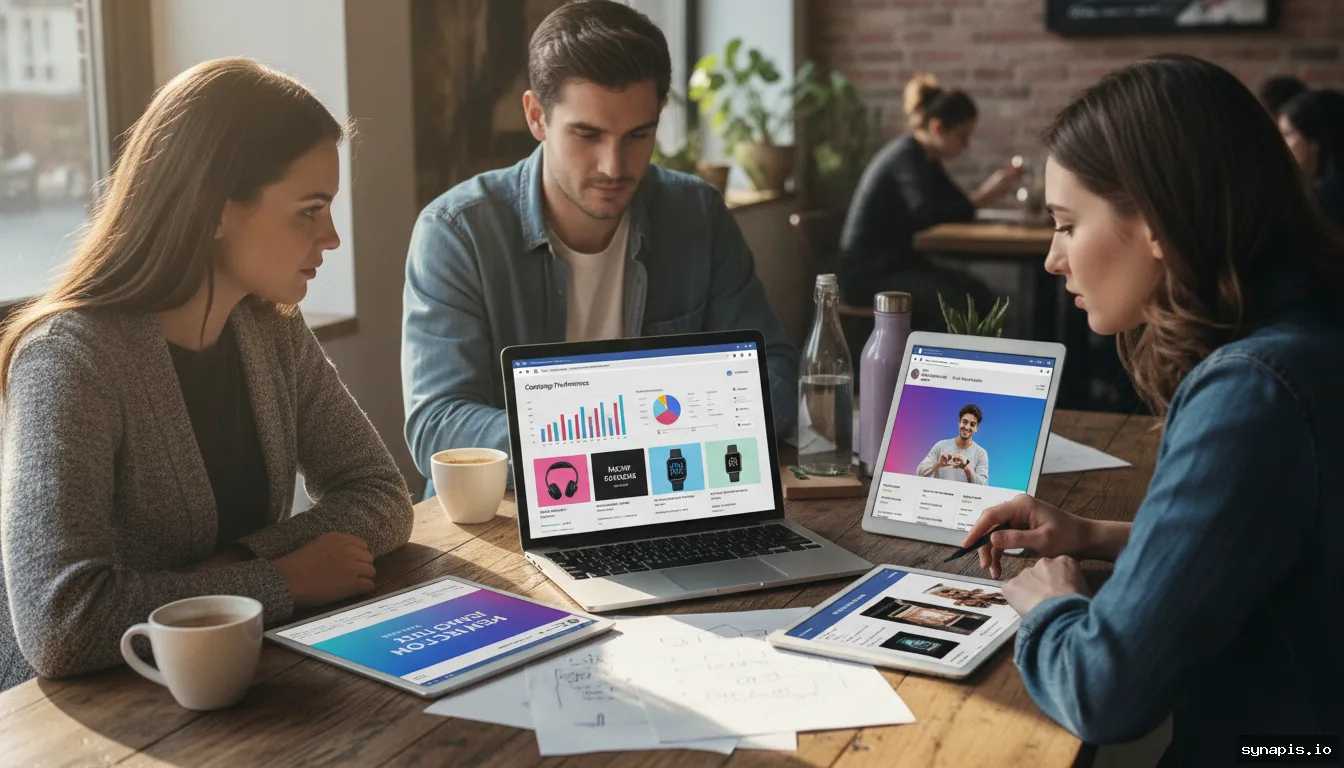 Ecommerce brand team reviewing Facebook ad campaign creative and analytics together