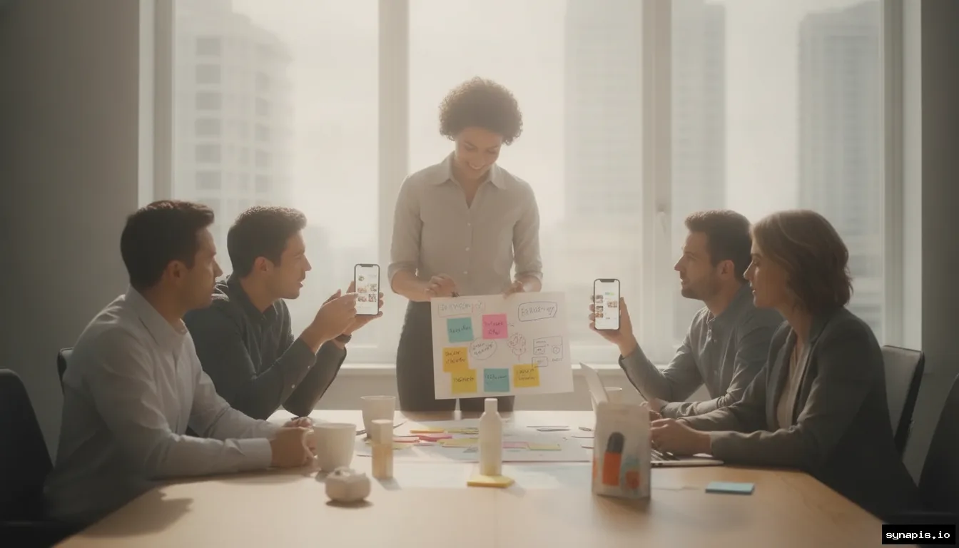 Ecommerce team brainstorming interactive Instagram Story ideas with phones and storyboards around a creative table