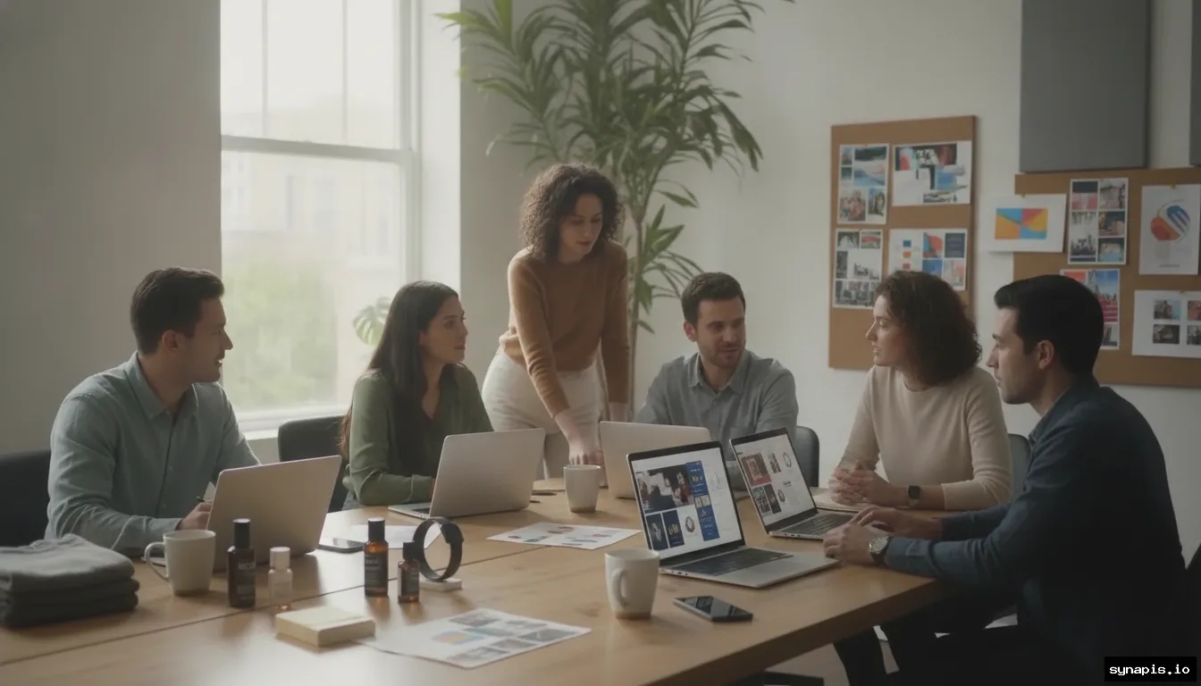 Ecommerce team planning a social media strategy for an online store with laptops, mood boards, and product images on a bright office table