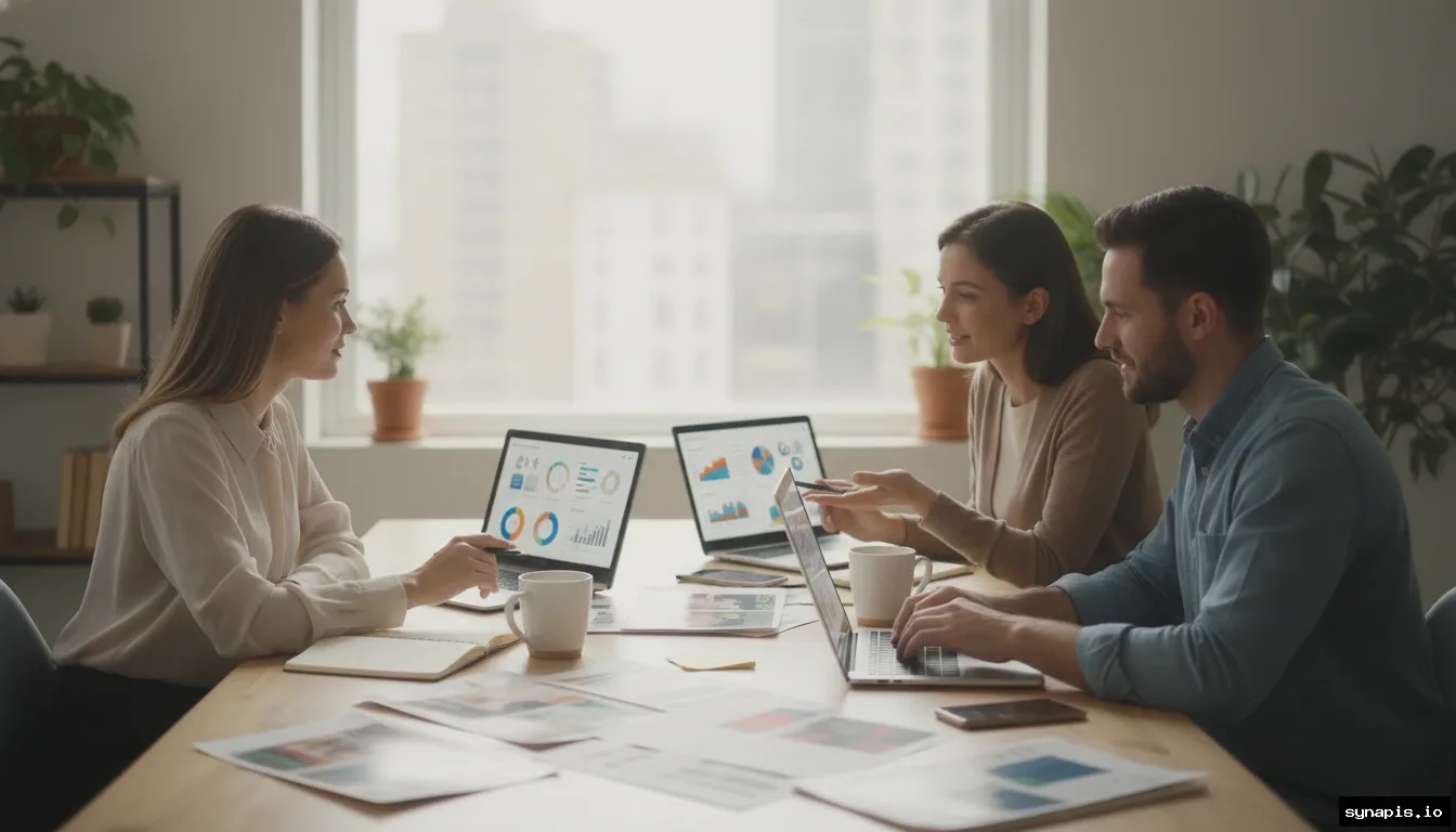 Ecommerce team planning Facebook marketing funnel with laptops and product catalog