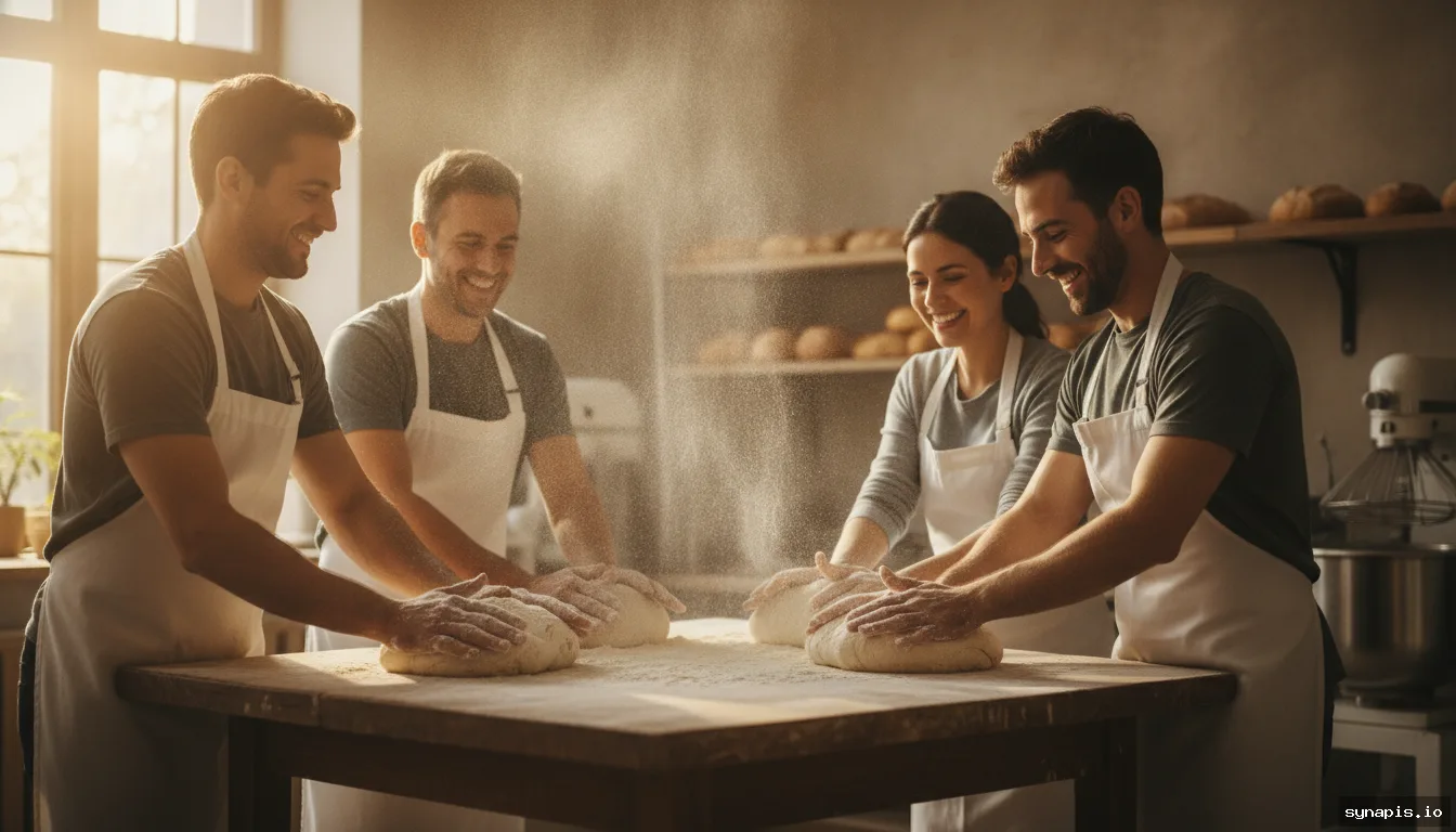 Employees working together in a bakery, preparing bread for an Instagram behind-the-scenes post