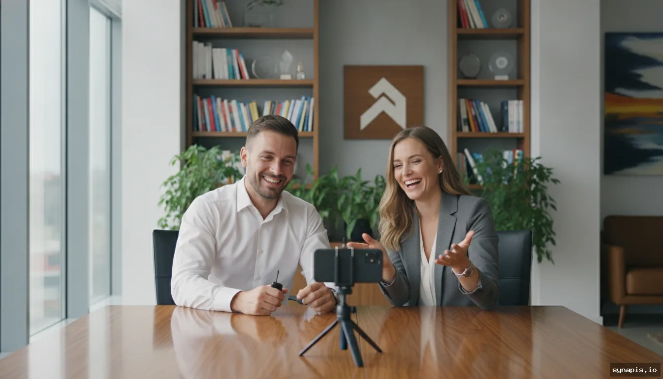 Executives recording a short LinkedIn thought-leadership video in an office