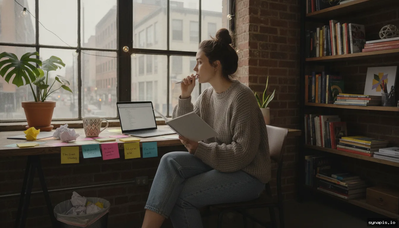 Human copywriter brainstorming with notes and coffee in a creative studio