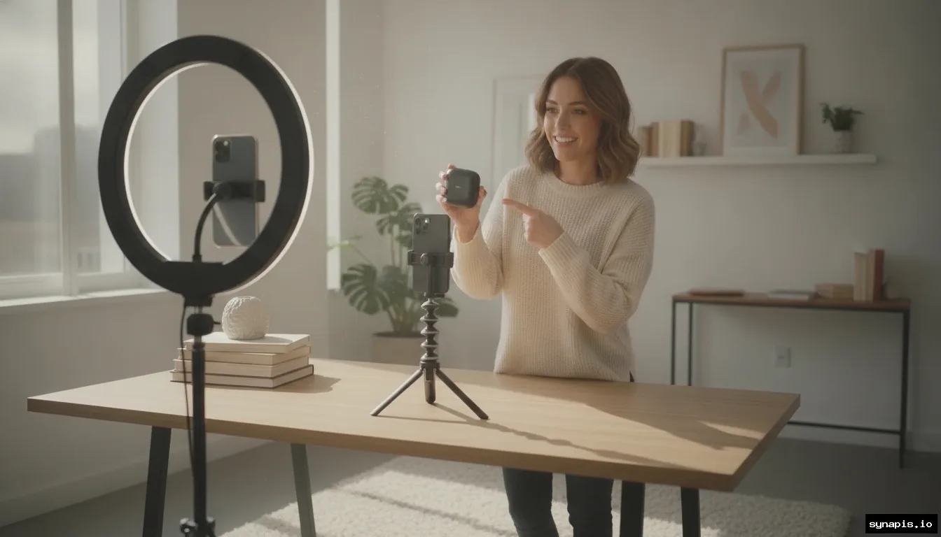 Influencer shooting a product demo video with a ring light and smartphone