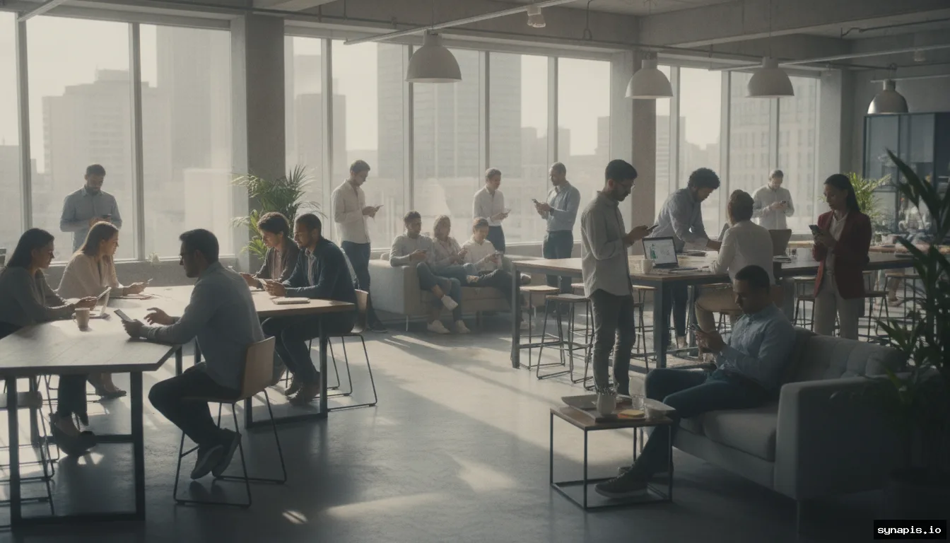 Large diverse group of people interacting on their smartphones in a modern open space
