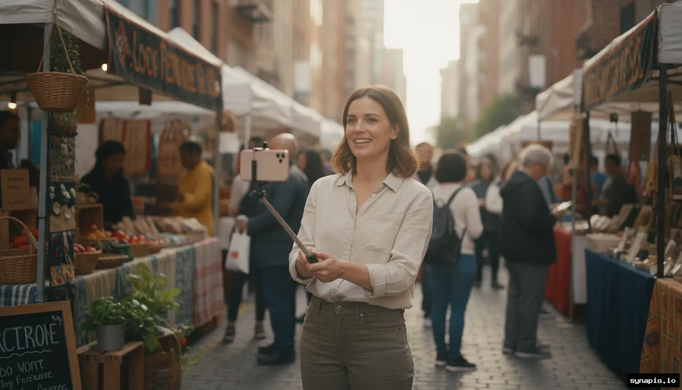 Local business shooting an Instagram Reel at a city street market