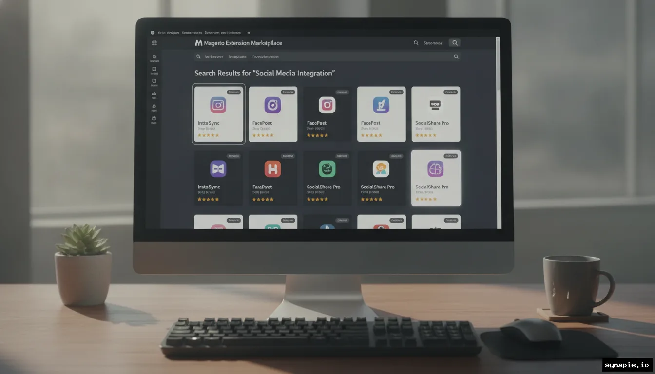 Magento extension marketplace with social media integration plugins displayed