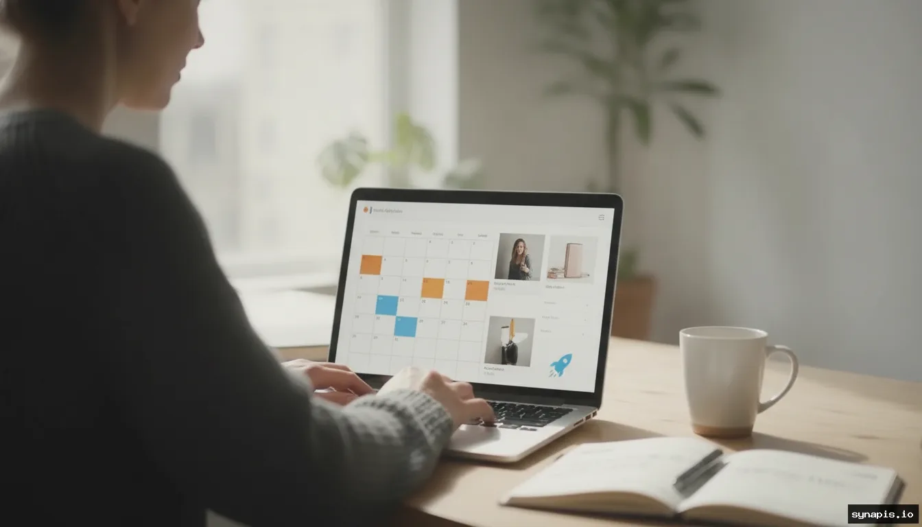 Marketer scheduling social media posts for an online store using a laptop and calendar