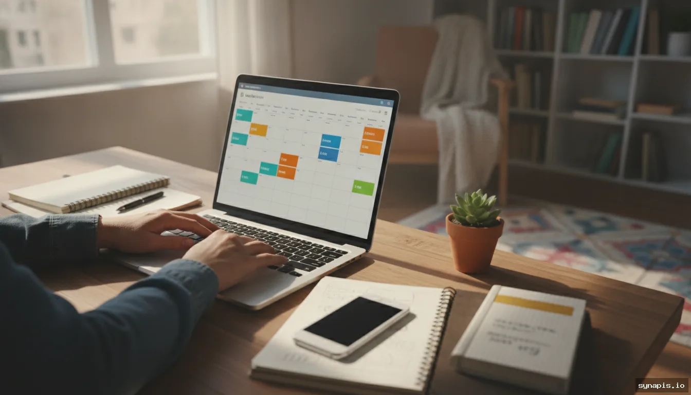 Marketer scheduling social media posts on a visual calendar on laptop