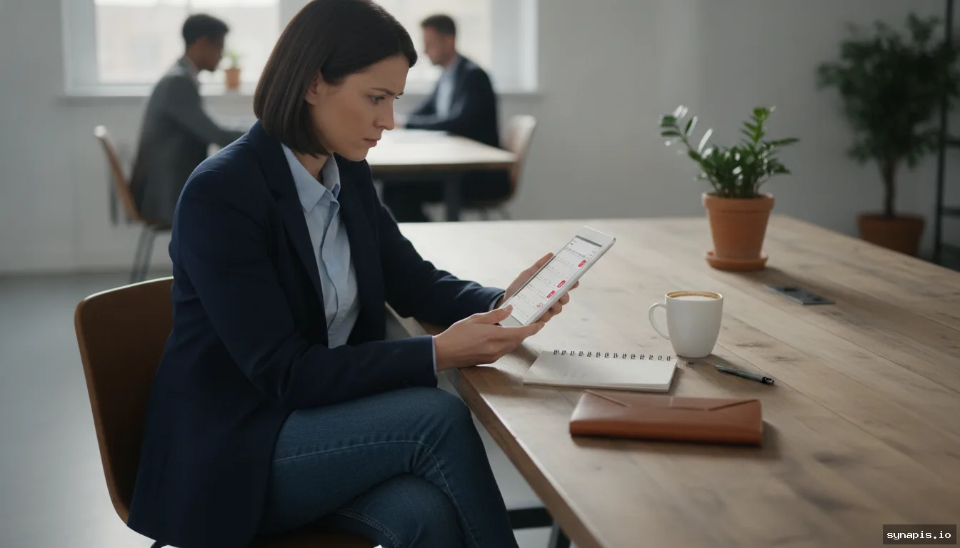 Marketer troubleshooting LinkedIn post scheduling on a tablet in an office