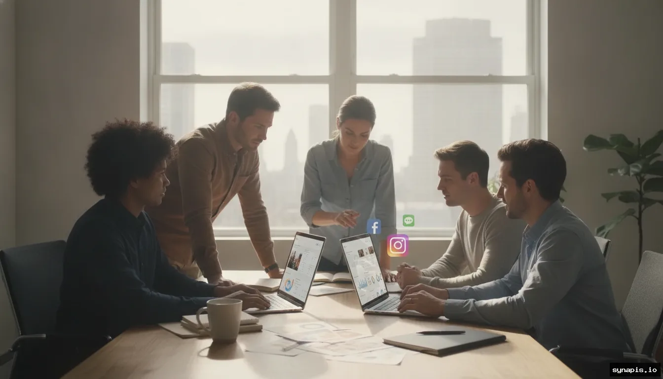 Marketers using AI tools to automate social media posting in a modern office setting