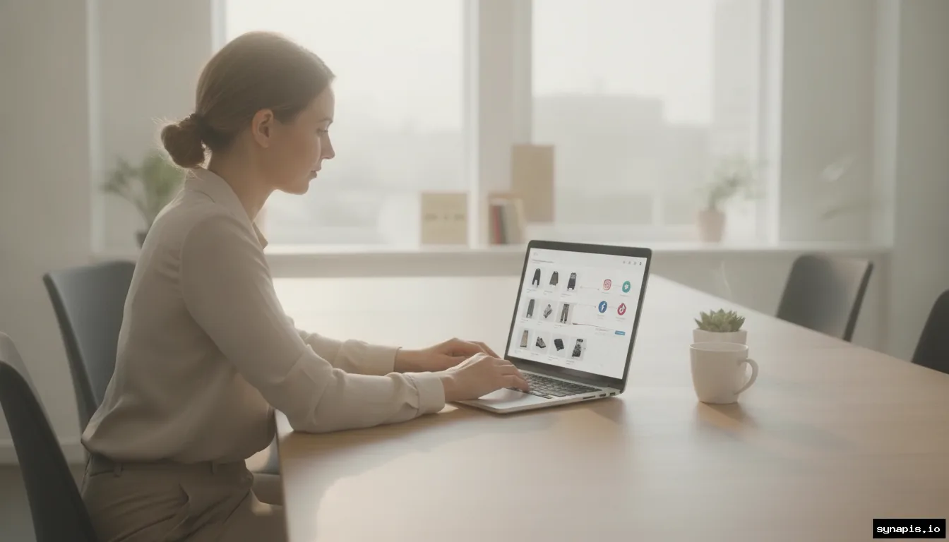Marketing manager using a laptop to connect a Google Shopping feed with a social media automation platform in a bright modern workspace