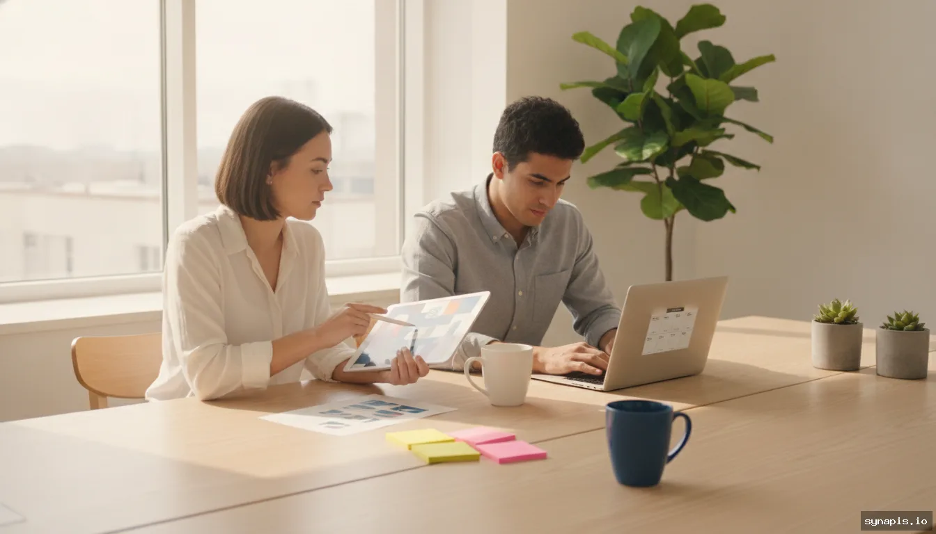 Marketing team collaborating on digital brand voice documents and social scheduling tools