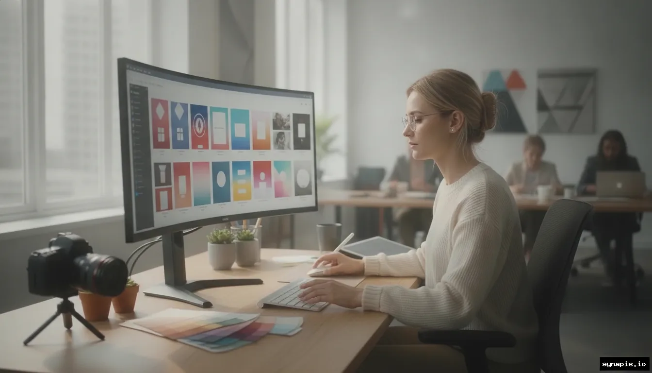 Modern workspace with designer editing social media images on a large monitor