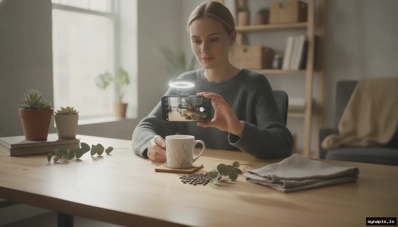 Online store owner filming a short-form product video for social media in a home studio