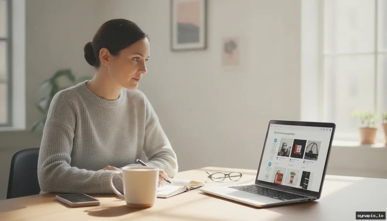 Online store owner planning social media product campaign at a desk with laptop, phone and coffee, morning light.