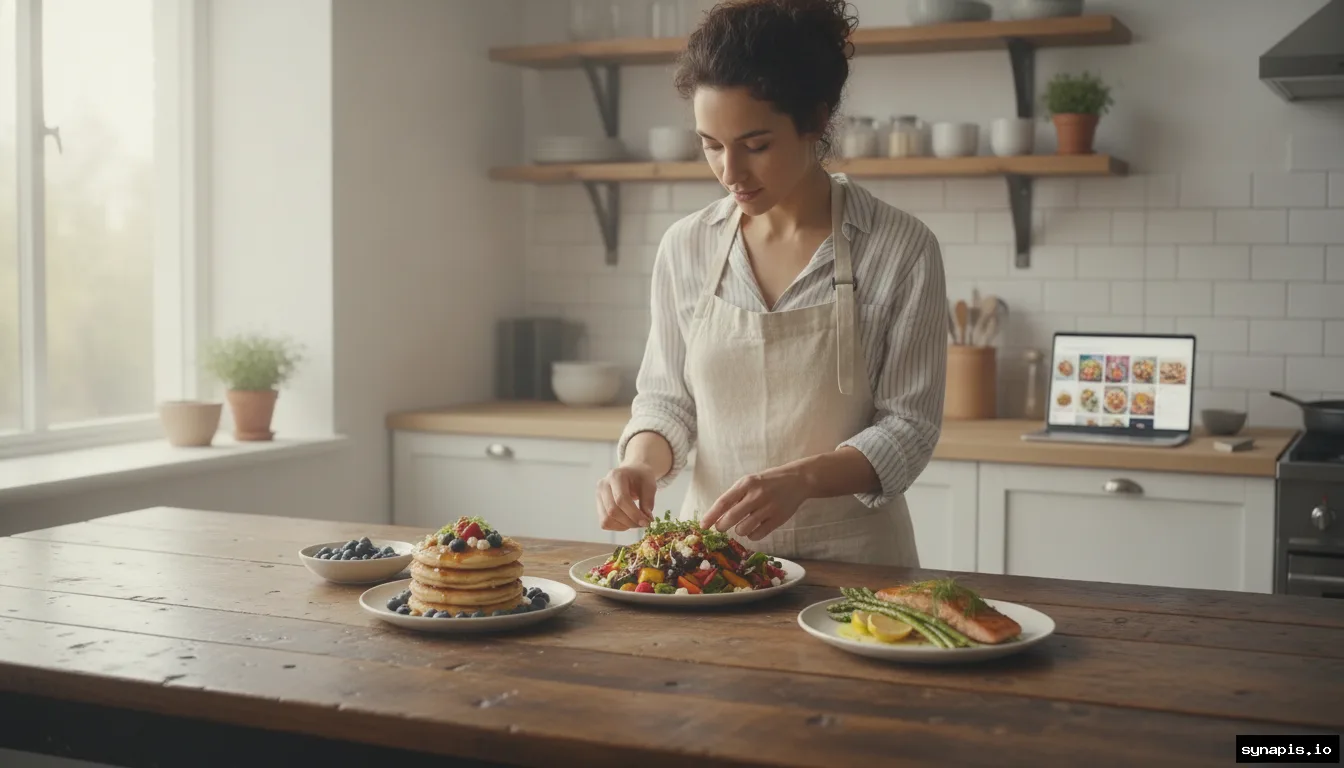 Overhead shot of a food blogger arranging colorful dishes and photographing them for Pinterest.