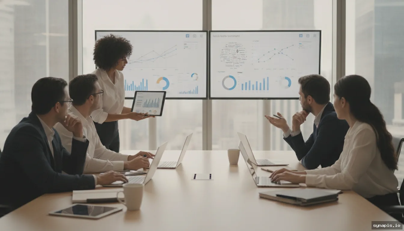 People analyzing social media sentiment data on screens in a bright office