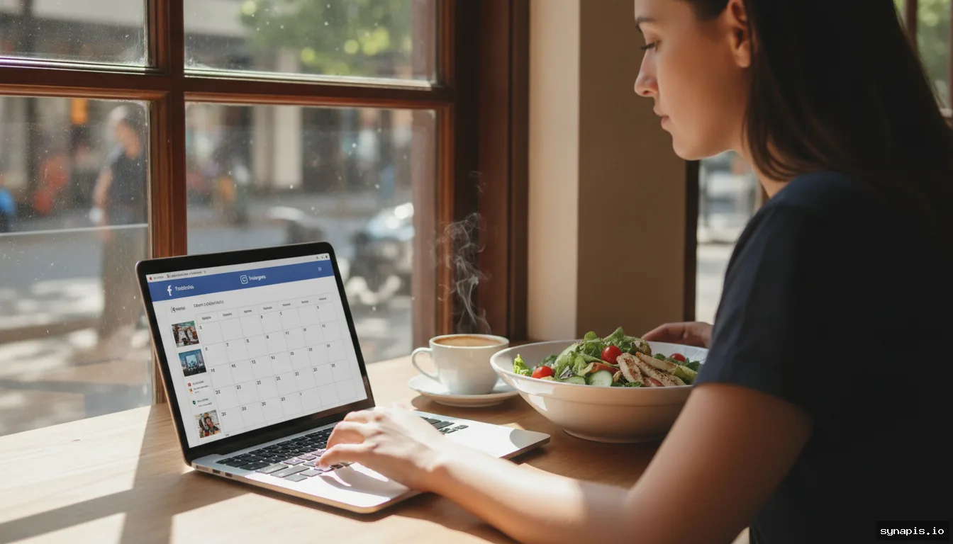 person scheduling Facebook and Instagram posts on laptop at lunch hour