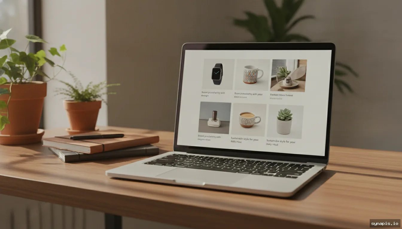 Photorealistic laptop screen displaying AI-generated social media captions and images in a modern workspace.
