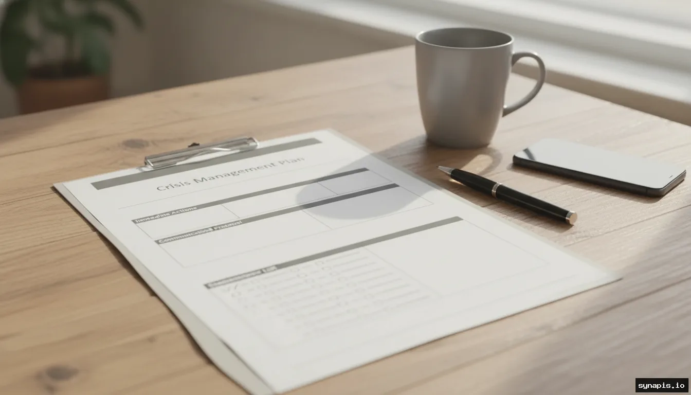 Printed crisis management playbook and checklist on a desk