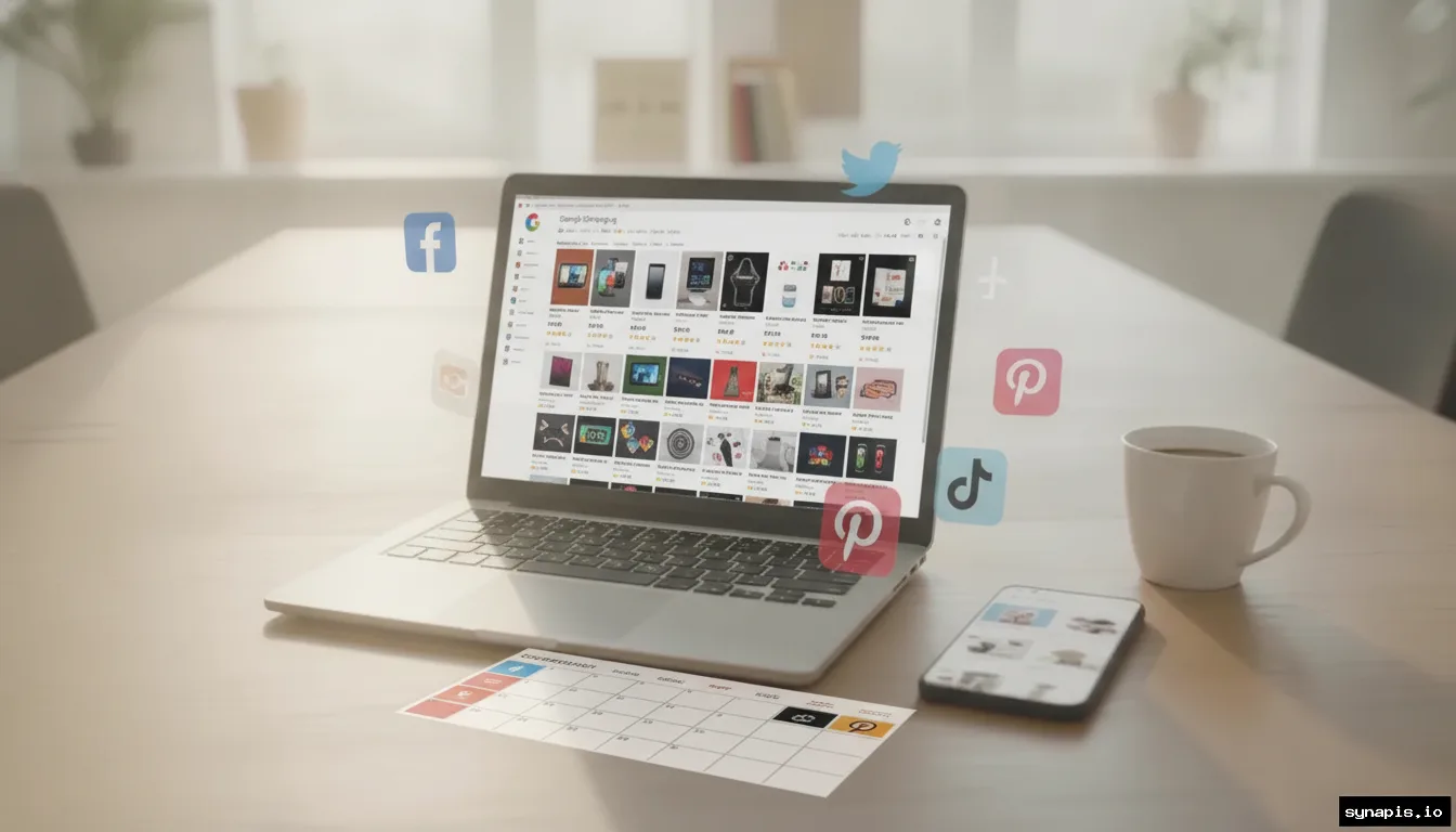 Product images and data from a Google Shopping feed displayed on a screen with social media icons and automated scheduling calendar