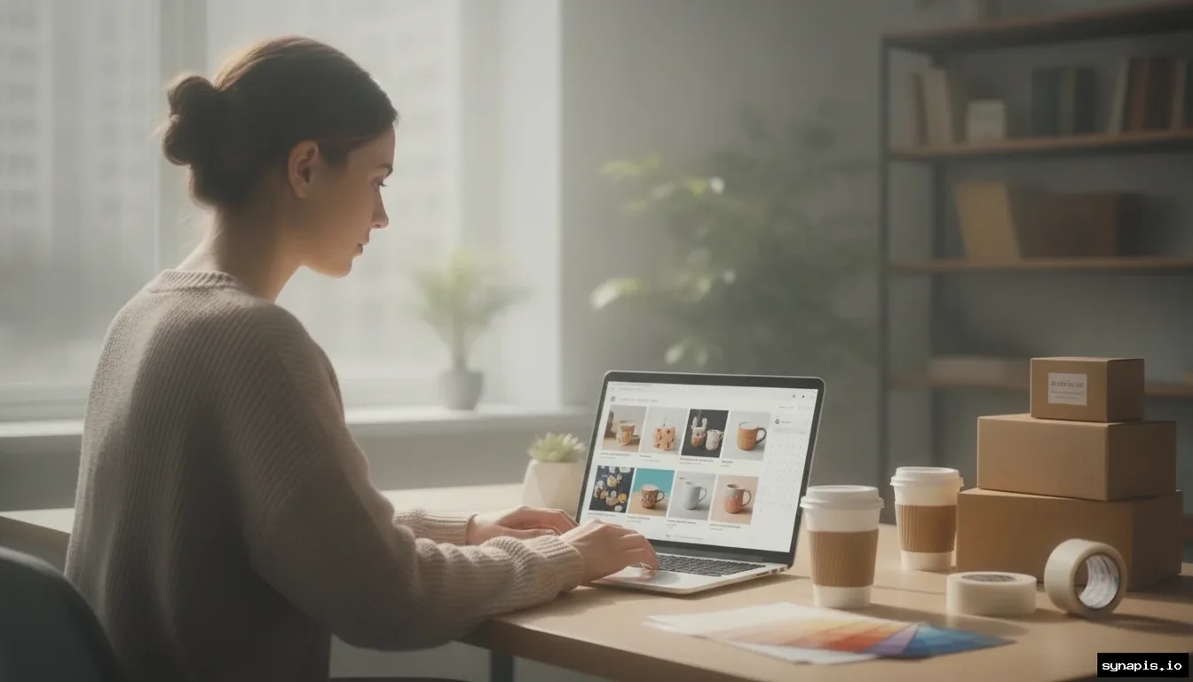 Shopify store owner automating social media posts with AI on laptop
