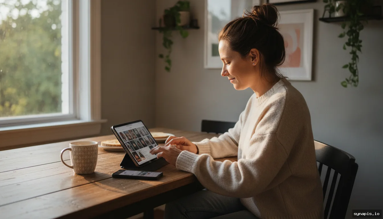 Single entrepreneur batching social media content on tablet and phone at a kitchen table