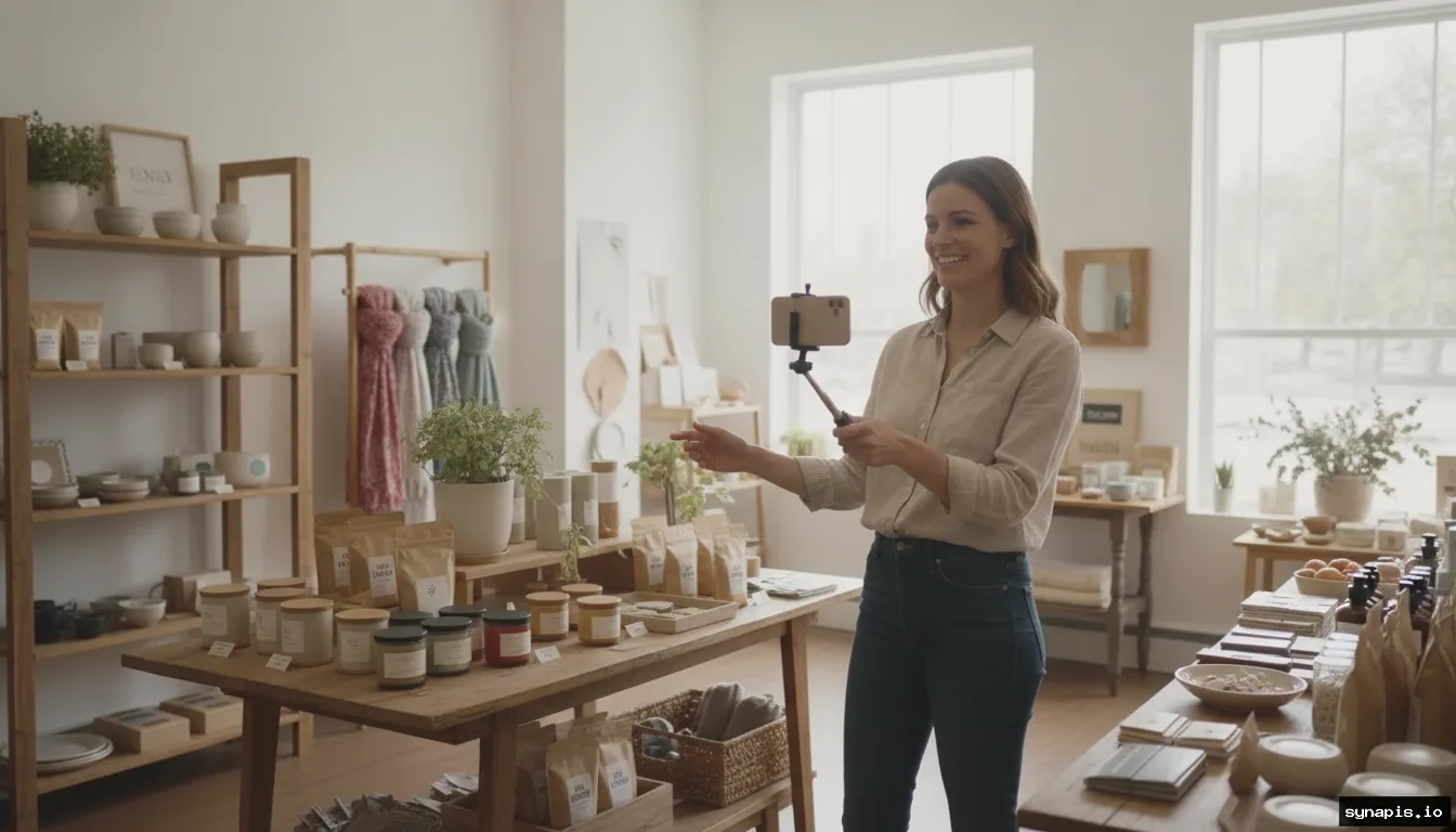 Small business owner recording a social media video in a cozy shop